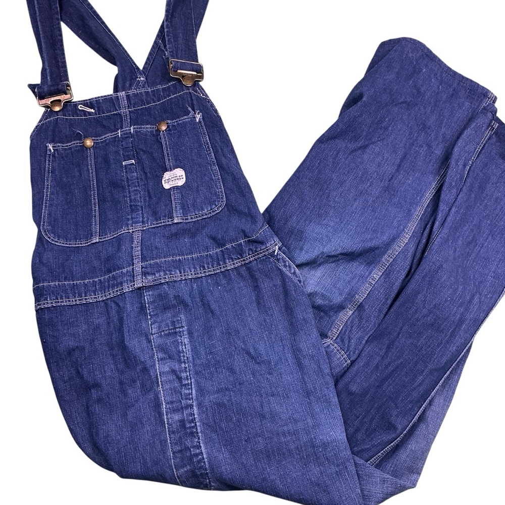 Vintage Hercules 1950s dark wash wide leg denim bib overalls, USA made. 38/40